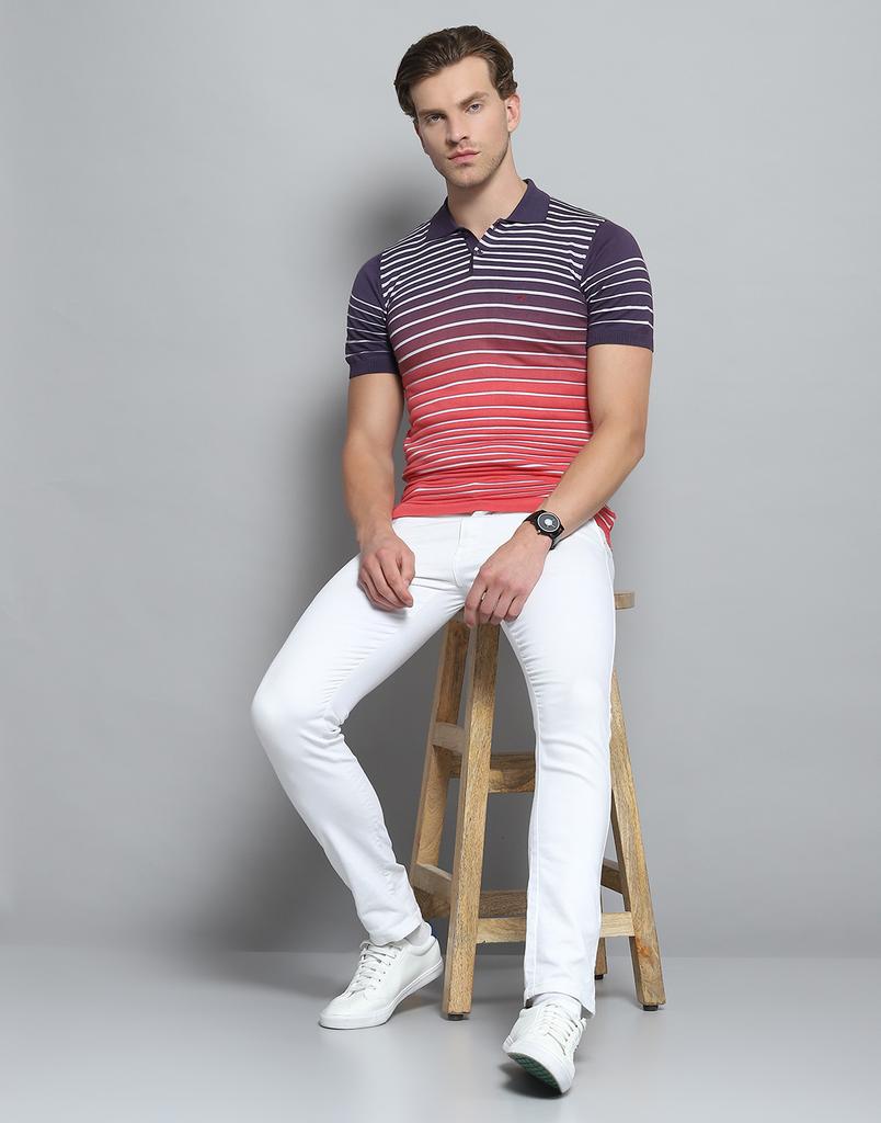 MONTE CARLO Mens Striped Purple Collar Neck Half Sleeve T-Shirt