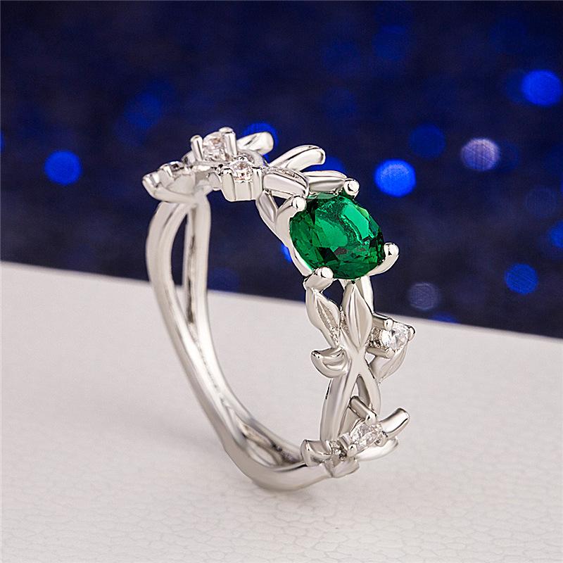 New Women's Silver Plated Olive Leaf Engagement Ring with Blue Pink Green Cubic Zirconia Wedding Band Jewelry