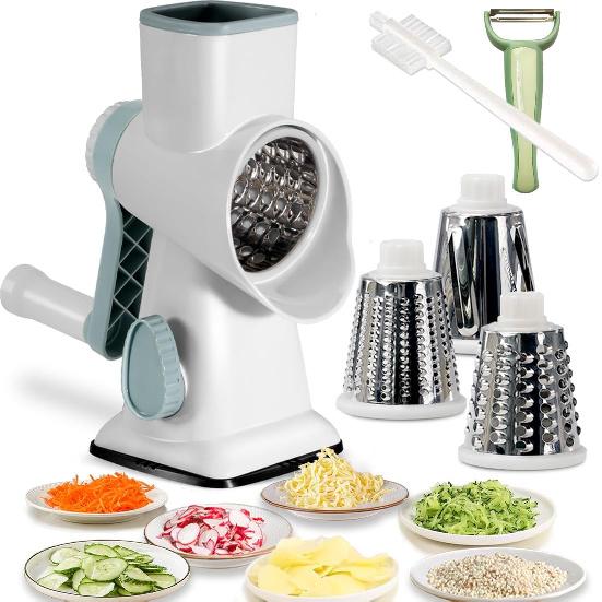 Rotary Cheese Grater Shredder with Handle Handheld Round Mandoline Vegetable Slicer Carrot Shredder Nut Grinder with 3 Replaceable Stainless Steel