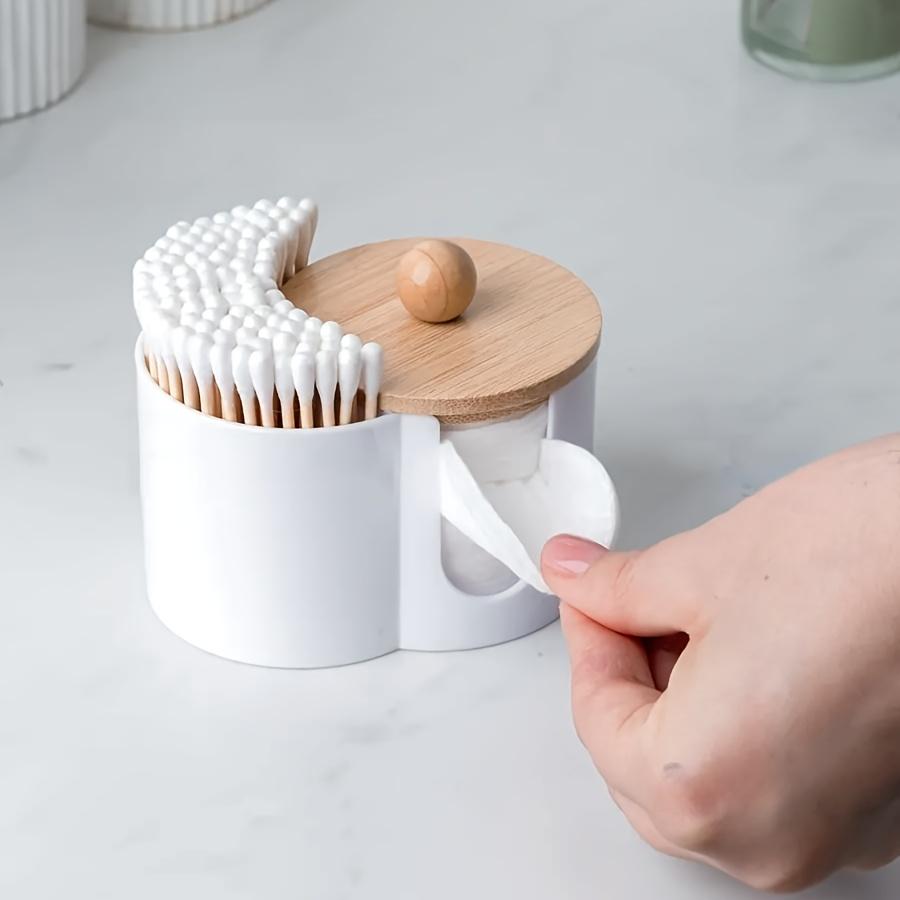 2-in-1 one-piece cotton swab box with wooden cover, makeup remover cotton storage box, desktop with cover, double-hole round combination storage can.