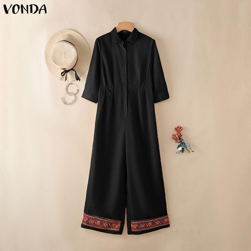 VONDA Damen Lapel Kragen 3/4 Ärmel Lässig Elegant Lang Weiter Bein Jumpsuit Rompers Für Große