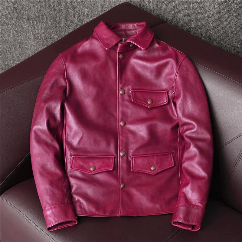 

Классическая куртка кочегара из плотной кожи чайного цвета для мужчин, импортная, вощеная овчина с покрытием, молодежное пальто в подарок 5XL бордовый