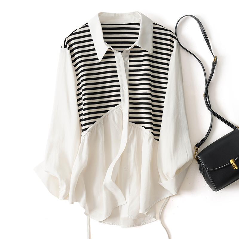 

Весна Осень Полосатая Лоскутная Мода Рубашка с Длинным Рукавом Женская Уличная Повседневная На Пуговицах Корейский Стиль Элегантный Шикарный Кардиган XXL белый