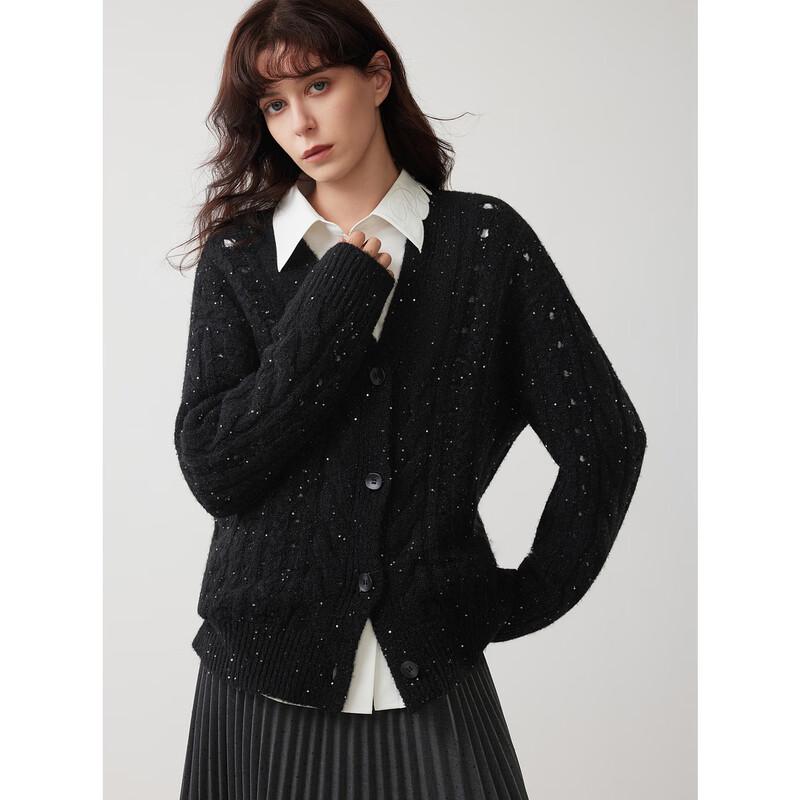 ELLE Women's Sequin V-Neck Merino Wool Cardigan