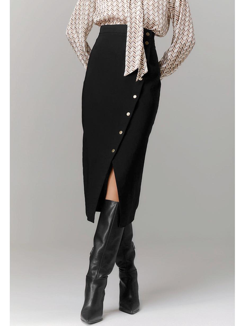 

Новая осенне-зимняя миди-юбка А-силуэта: Европейский и американский стиль, высокая посадка, приталенный крой с разрезом для универсальной элегантности в дороге Large чёрный