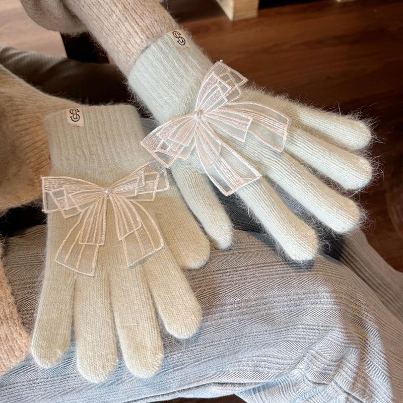24-Year-old lace bow knitted gloves women's finger cold-proof dew finger gloves tide Korean