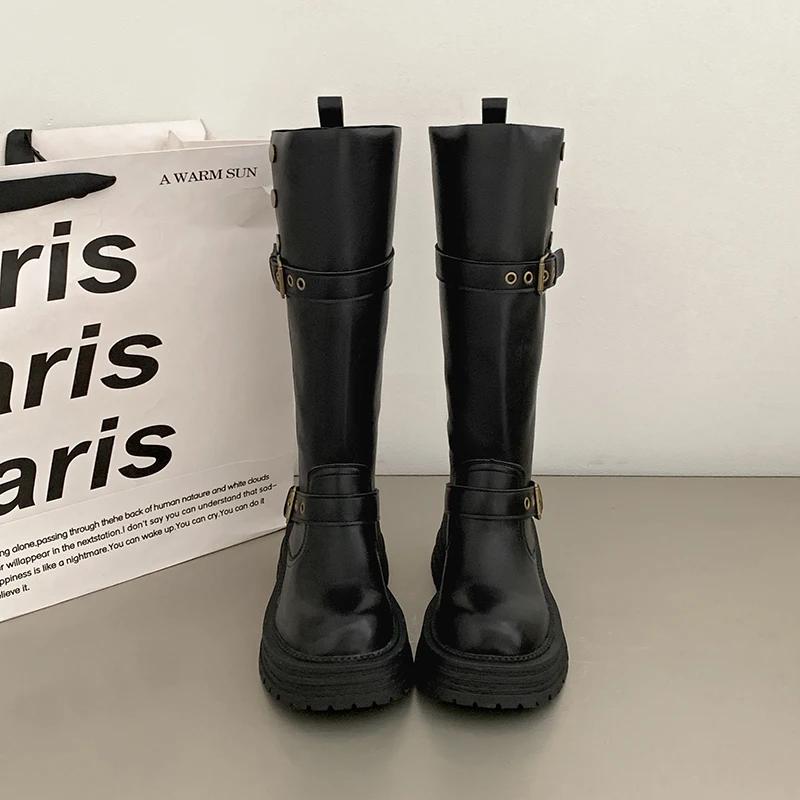 

Осень Зима Ботинки Мартин Платформа Женские Ботфорты Пряжка Ремня Длинные Ботильоны Винтаж Квадратный Низкий Каблук Женская Обувь 36RU/CN37 чёрный