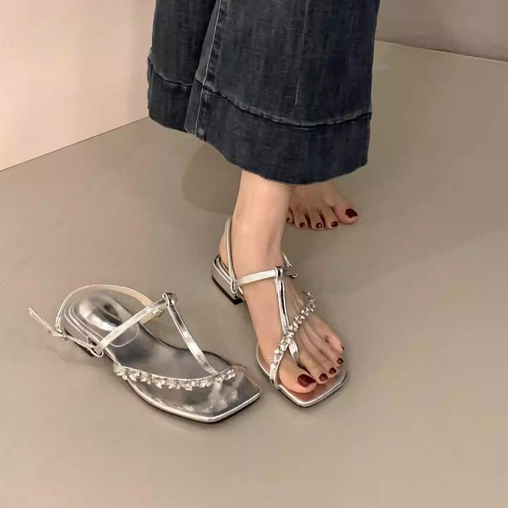 Coarse heel temperament silver rhinestone sandals fairy shoes 2025 new summer French with skirt cover toe Roman shoes
