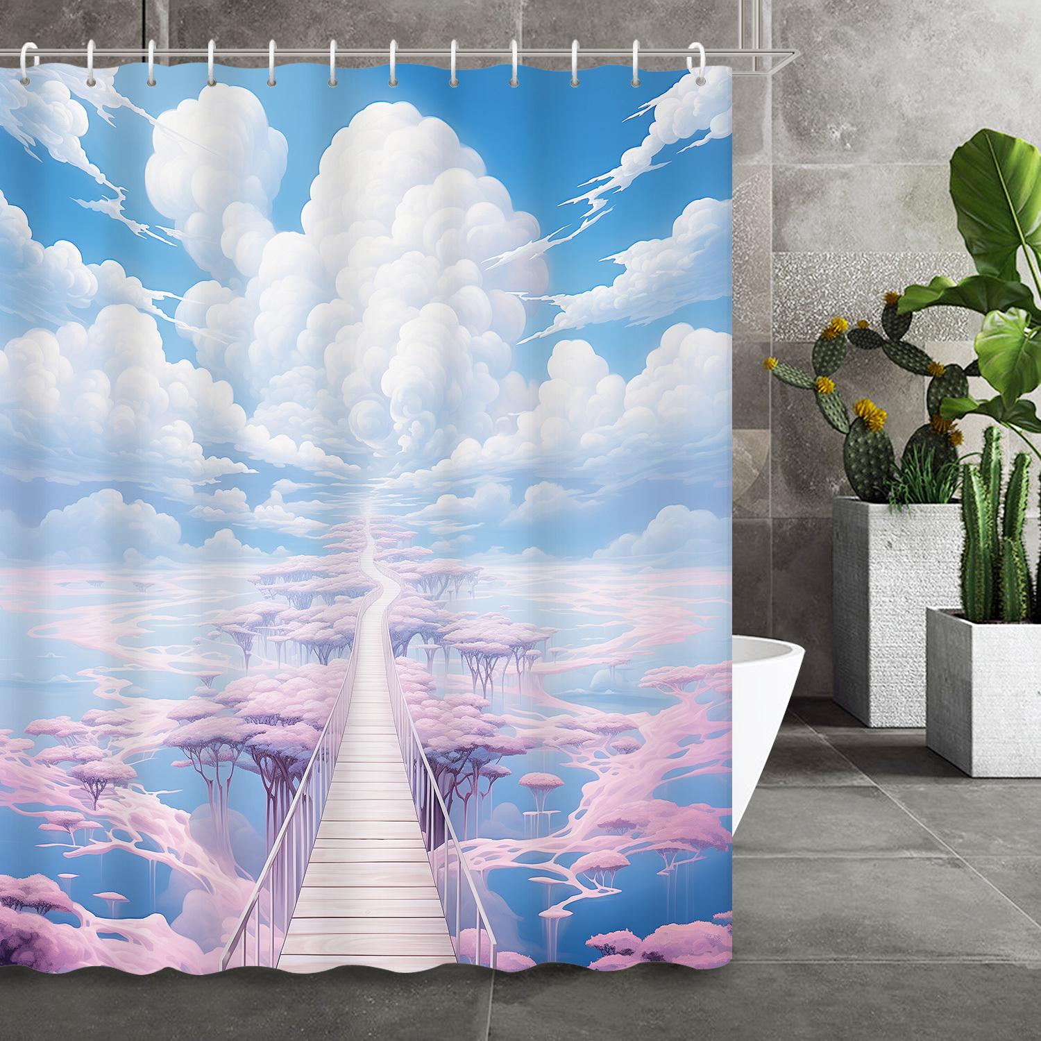

Dreamy Pink Trees & Blue Sky Shower Curtain – Whimsical Bridge Design With Pastel Clouds, 12 Hooks, All-Season Bath Decor W60H190(CM)-1 Pcs