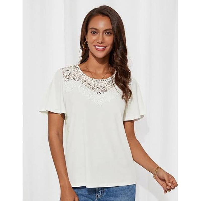 

Round Neck Loose Summer Lace Women Blouse Solid Color Short Sleeve Lace Sweet Shirt Ladies Solid Color Elegant Fashion Office Top Basic Sweet Clothing S