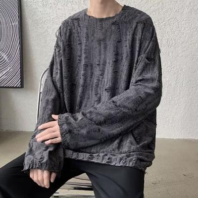 Herren T-Shirt Rundhals Langarm Ripped Holes Einfarbig Pullover Tops Street Style Base Layer Tops Streetwear