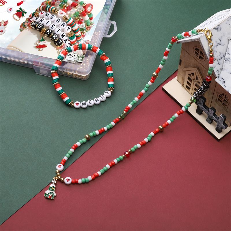 1 Set/Box Weihnachts-Themen Glasperlen-Set DIY Armband Halskette Ohrringe Schmuckzubehör