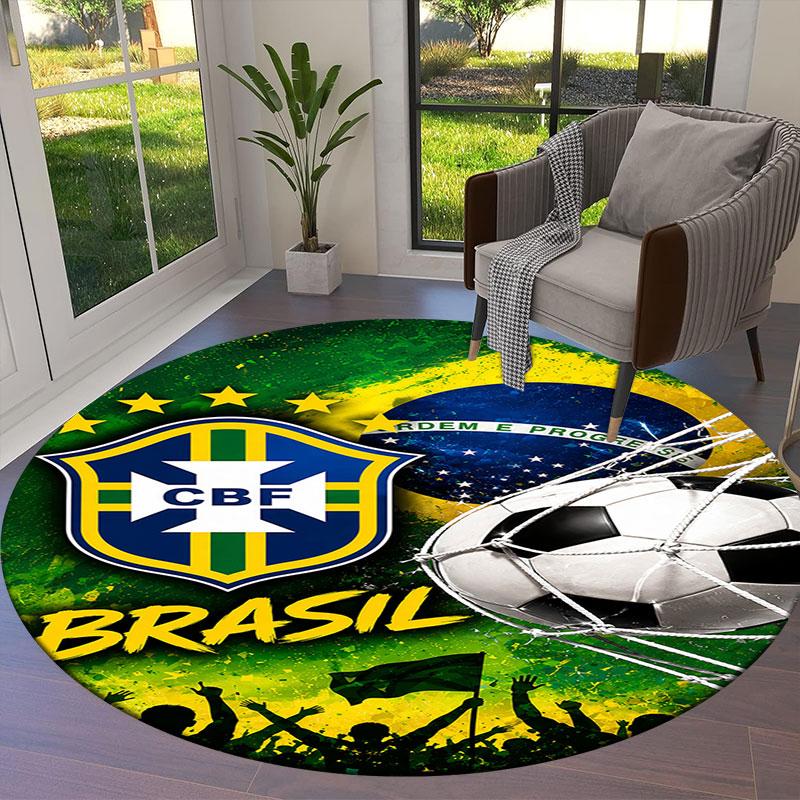 Brazil National Football Team Round Area Rug,Carpet Rug for Living Room Bedroom Sofa Playroom Decor,Non-slip Floor Mat