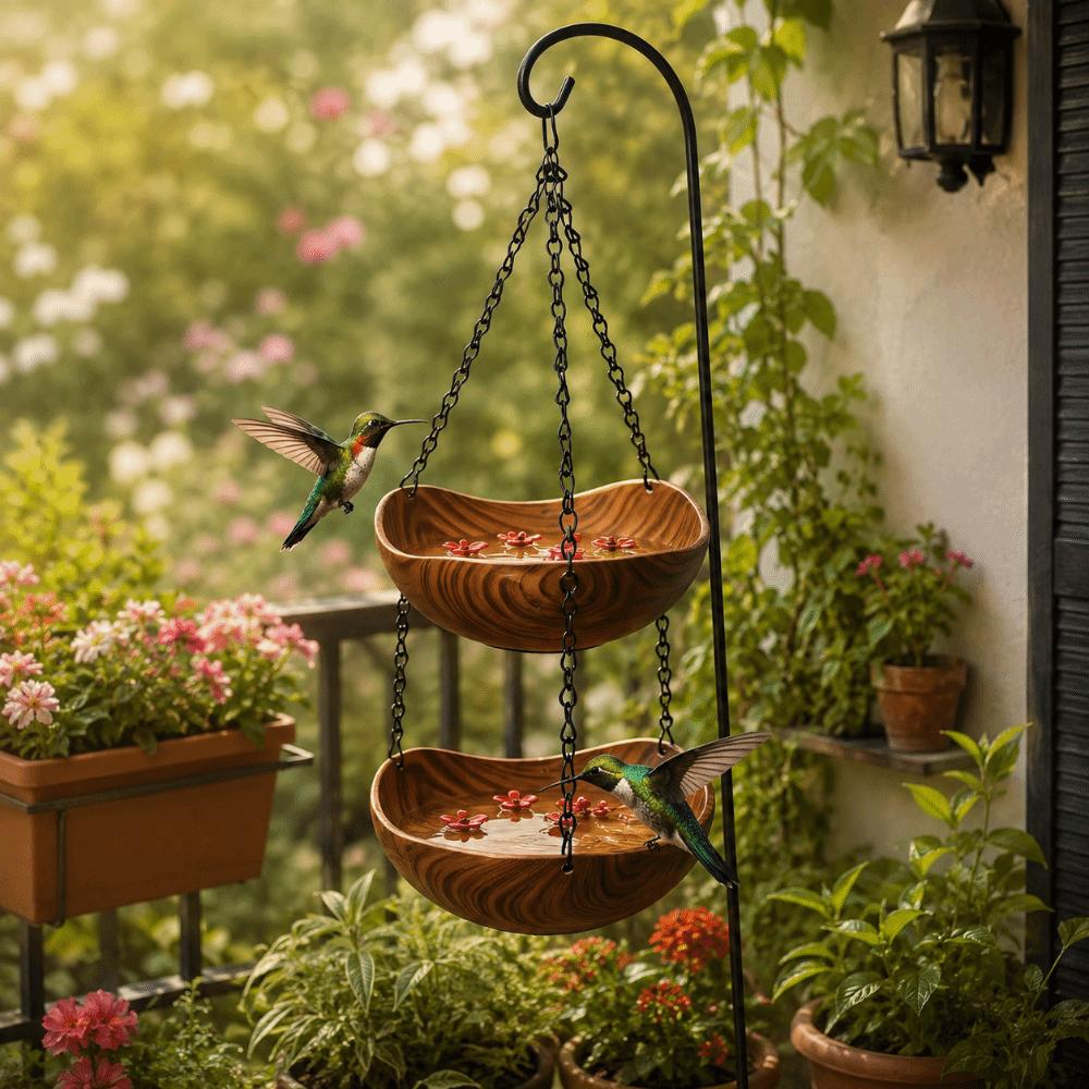 Bowl-shaped Bird Bath Bowl Double Layer Hummingbird Water Drinker Hanging Bird Feeder Garden