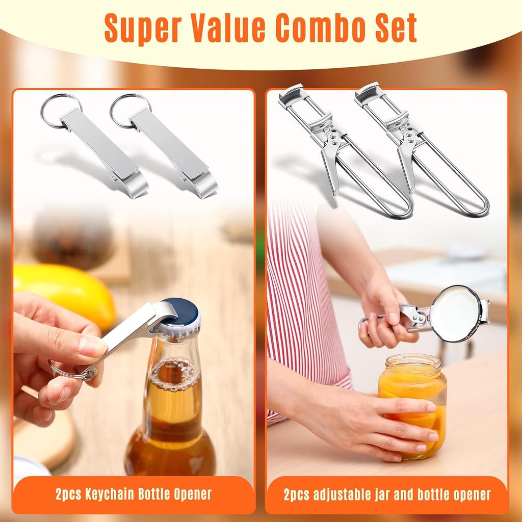 2PCS Adjustable Stainless Steel Jar Opener & 2PCS Keychain Bottle Cap Opener, Jar Openers for Seniors, Arthritis, Men, Kids, Weak Hands, Gripper