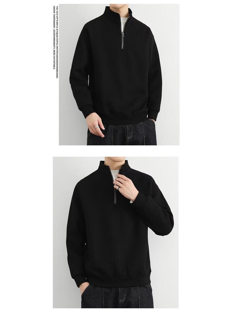 Men's Retro Fleece-Lined Half-Zip Stand Collar Jacket | Solid Color Casual Sweatshirt for Spring, Autumn, Winter