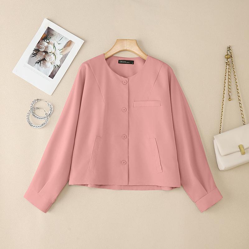 ZANZEA Women Casual Round Neck Solid Color Long Sleeve Blouse