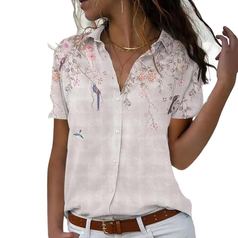 Summer Printed Office Short Sleeve Shirt Fashion Women New Plus Size Lapel Casual Simple Blouse 2025 Elegant Loose Tops Women's Clothing