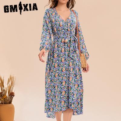 Damenmode Sommer Frühling Einfarbig Blumendruck Langarm V-Ausschnitt Hohe Taille Freizeitkleider