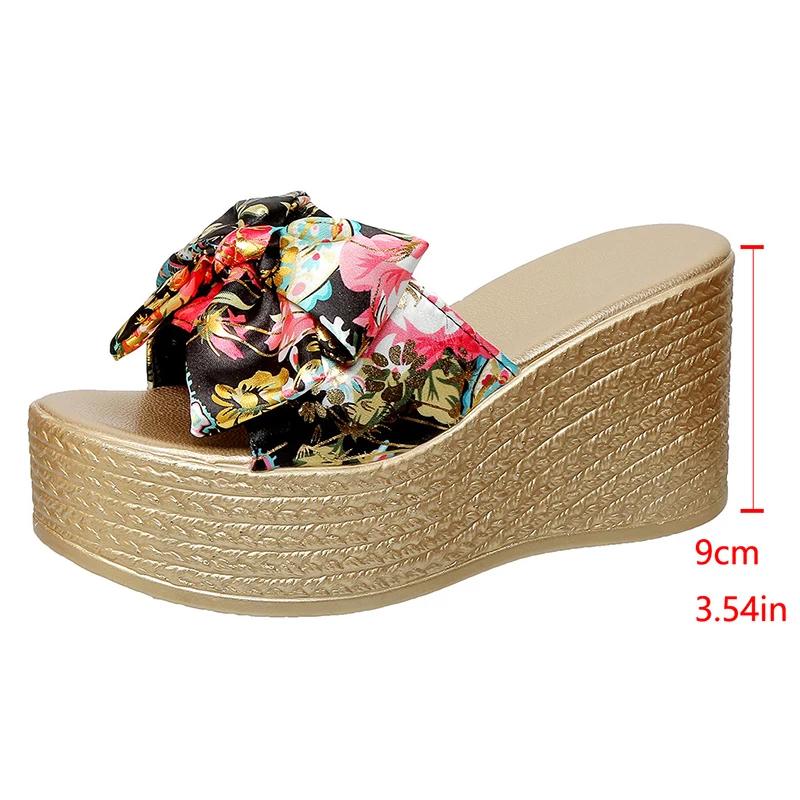 

Fashion Printed Bowknot Chunky Platform Sandals Women 2025 Summer Thick Bottom Beach Slippers Woman Plus Size Fashion Wedge Heel Sandals 35 чёрный