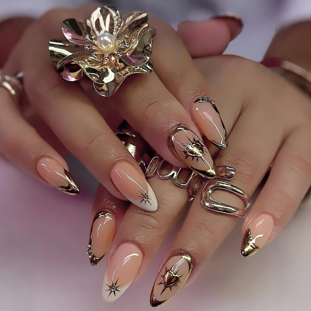 European & American Style Nude Pink Gold Almond Nails with Starry Sky Sequins