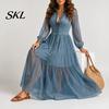 Beach Dress Women Faux Denim Maxi Dress, Mesh Patchwork Long Sleeve Button Simple Style Down Shirt Casual Loose Vintage Summer