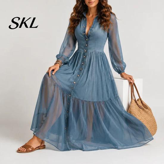 Beach Dress Women Faux Denim Maxi Dress, Mesh Patchwork Long Sleeve Button Simple Style Down Shirt Casual Loose Vintage Summer
