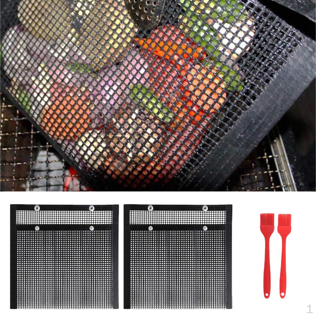 2pcs PTFE Coated BBQ Mesh Grill Bag with Silicone Brush Barbecue Outdoor Picnic Tools