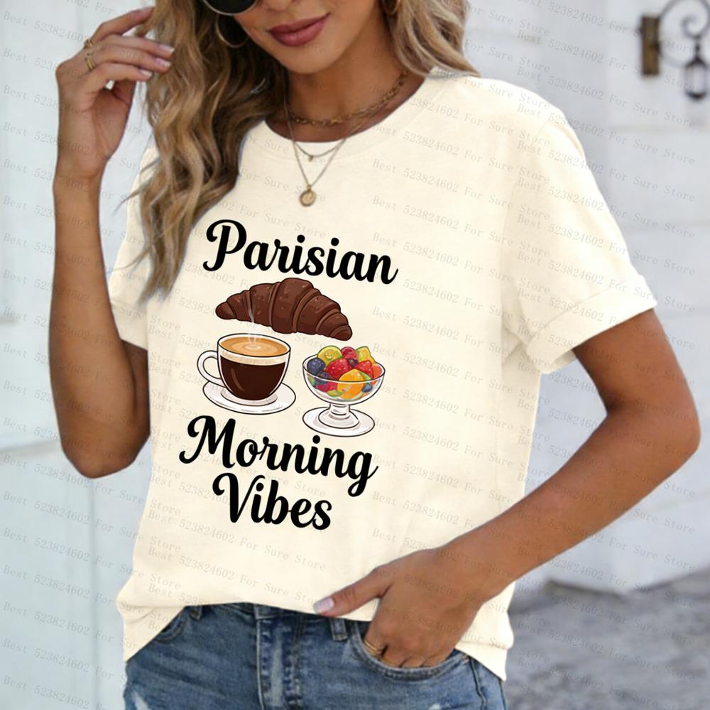 

Parisian Morning Vibes Women Tshirt Coffee Pastry Print Short Sleeve Tops Casual Loose Cotton Tees French Style Fashion Shirts S