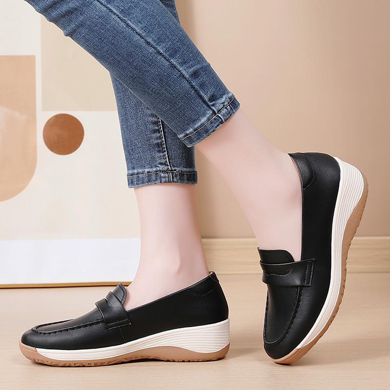 Mocasini cu platformă pentru femei, casual, eleganți, din piele neagră, pantofi de birou pentru femei, cu talpă groasă, pantofi cu vibrații, mărimi mari
