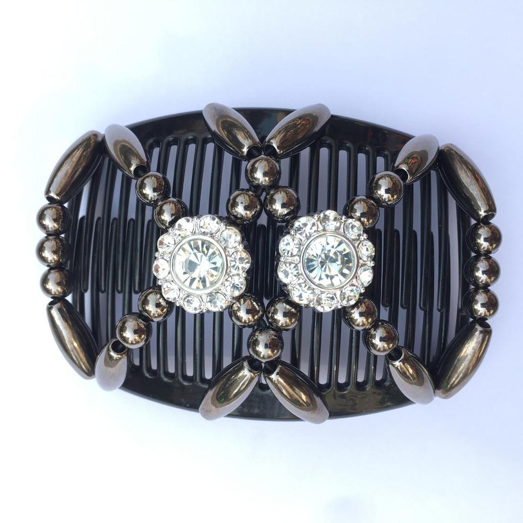 Large Handmade Beaded Elastic Magic Hair Comb with Flower Headpiece - Versatile Double Row Insert for Styling and Bun Making