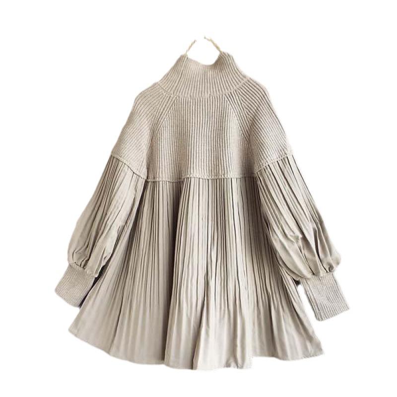 Available: 2026 Japanese Knit Patchwork High Neck Lantern Sleeve Top for Spring, Autumn, and Winter.