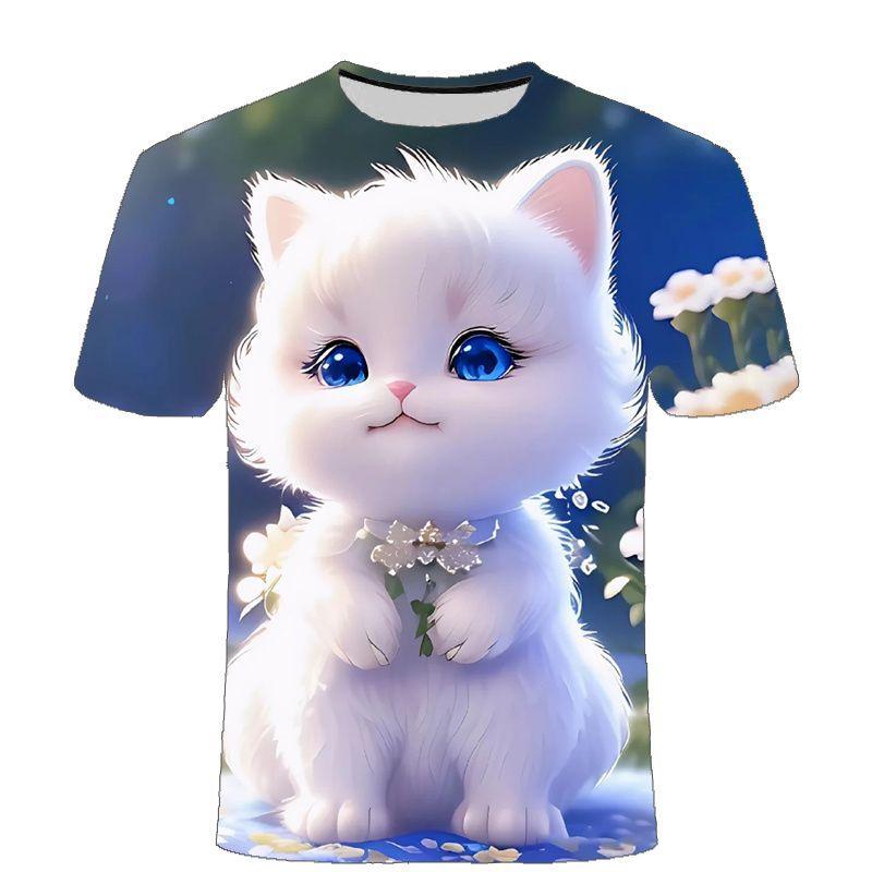 Summer Men's Cute Cat 3D Printed Short Sleeved T-shirt Street Style Urban Fashion Round Neck Top Niche Comfortable Casual Loose Pullover