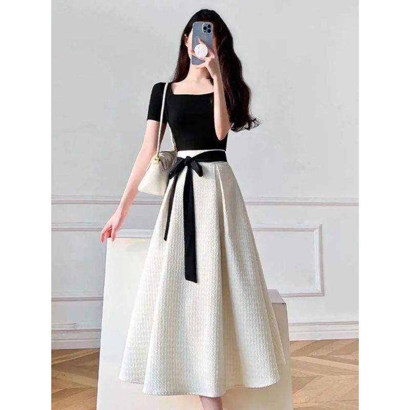 Short-Sleeve Skirt Strappy Dress Elegant Women's Short-Sleeved Skirt Tied Dress
