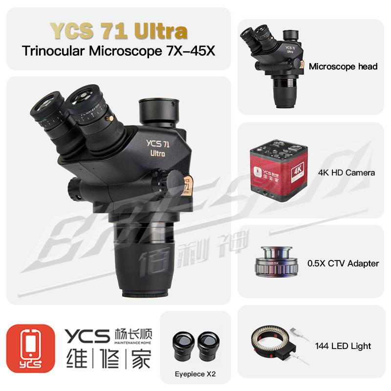 YCS 71Ultra Trinocular Microscope Head 0.67-45X Zoom 0.5X CTV 0.7 for Phone Electronic Repair Microscope 144 LED Light Tools Set