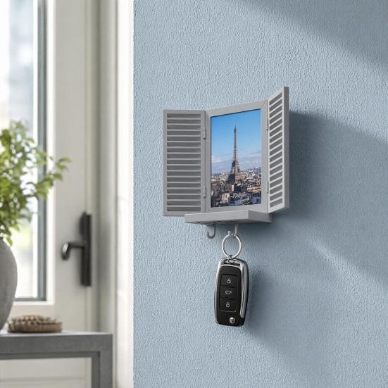 Key Holder with Hidden Storage Shelf, Mediterranean-Style Window Frame Photo Display Stand, Functional Entryway Organizer with Blinds Decor