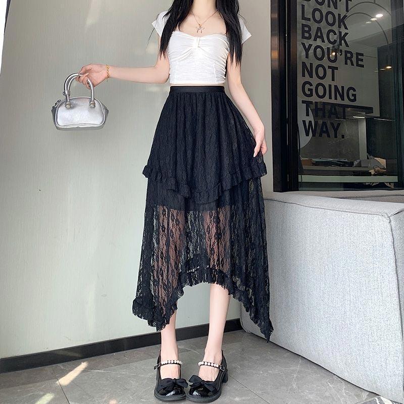 

Белая асимметричная кружевная юбка для женщин, элегантная юбка А-силуэта средней длины с эластичной талией, модная корейская одежда 2019 года, весна-лето L чёрный
