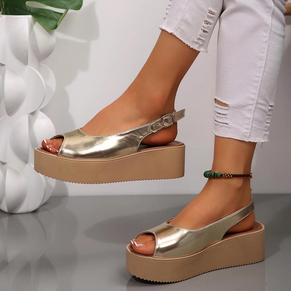 Fashion Peep Toe Platform Sandals for Women 2025 Summer Thick Bottom Beach Shoes Woman Gold Buckle Strap Wedge Sandalias Mujer