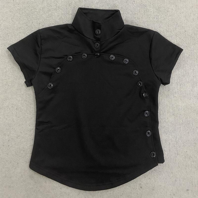 Y2K summer high neck hollowed out single breasted button slim fit solid color casual top