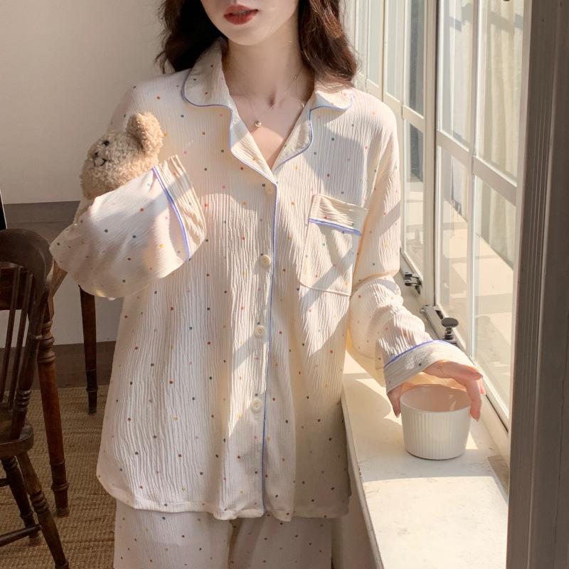 Women's 2024 Spring Polka Dot Pajama Set - Long Sleeve Cardigan and Pants In Casual Wrinkled Fabric