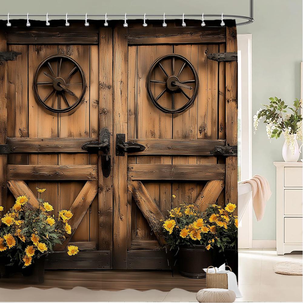 Country Retro Wooden House Printed Fabric Shower Curtain, Pastoral Wood Plant Pattern Bathroom Curtain Decoration, With Hooks