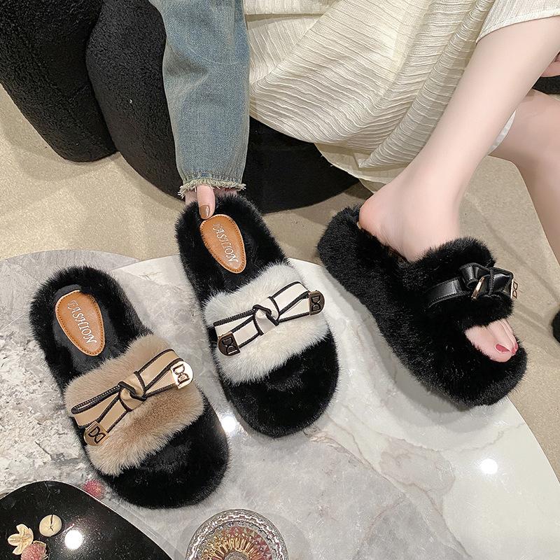 Nischendesign flauschige Hausschuhe Damen Outdoor 2025 Frühling und Herbst neu High-End dicker Boden erhöhend Ein-Wort Baumwollhausschuhe