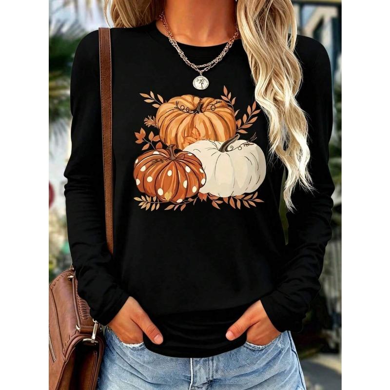 Women's Autumn Winter Pumpkin Print Long‑Sleeve Top, Elegant Crew Neck Loose‑Fit Long Sleeve, Street Style For Halloween & Daily Outings