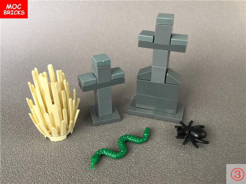 MOC Bausteine Halloween Kürbis Skorpion Zombie Gesicht Kopfbedeckung Skelett Geist Blut Grab DIY Bausteine Jungen Spielzeug