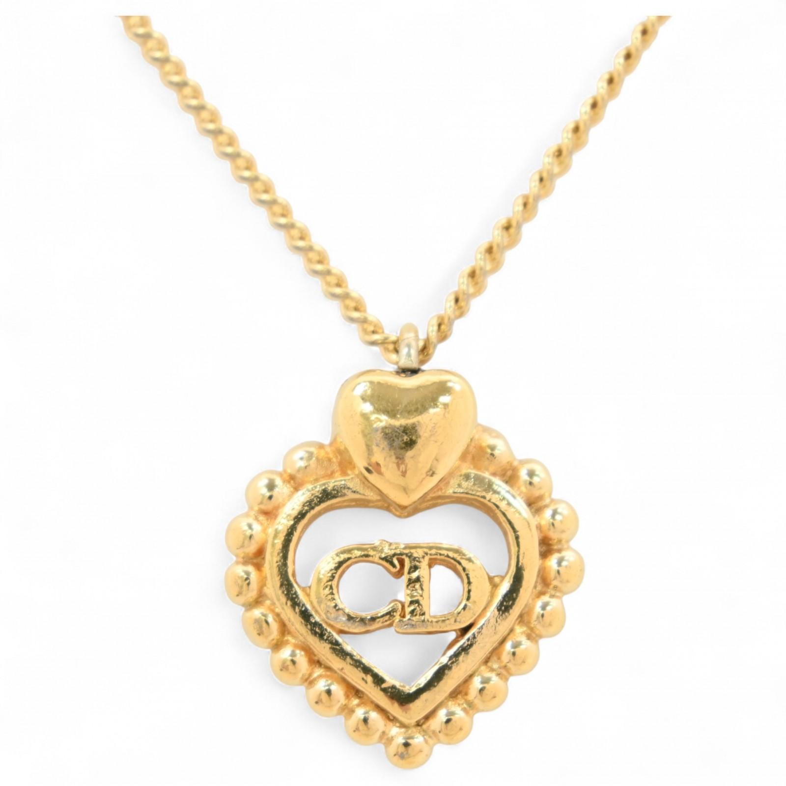 

Auth CHRISTIAN DIOR Heart Motif CD Logo Necklace di6607ab