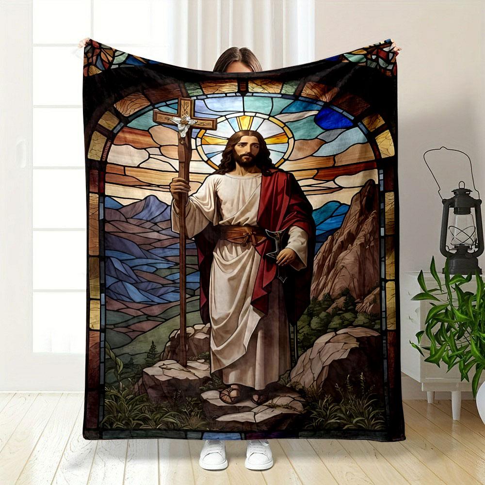 Jesus Cross Mountain Stained Glass Style Blanket Printed Blanket for Living Room Bed Couch lunch break Soft Cozy Blanket for Friend's festival Gift