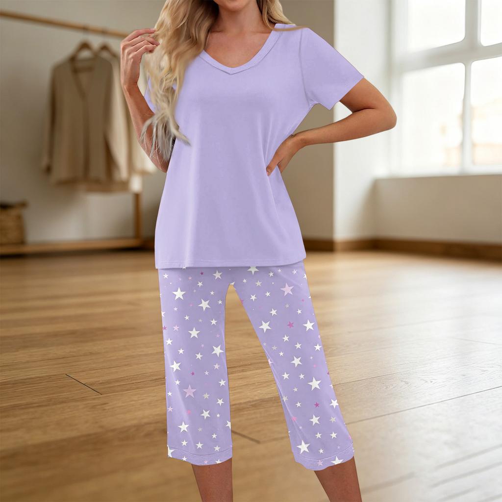 Women's Printed Short Sleeve Pajama Set - Casual Two Piece Sleepwear with Pants