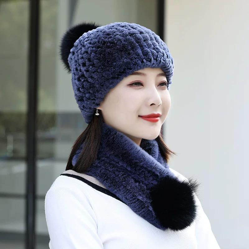 Rex Rabbit Hair Hat Scarf Two-piece Set Women's Winter Fur Hat Set Winter Fashion Warm Middle-aged Mother Hat