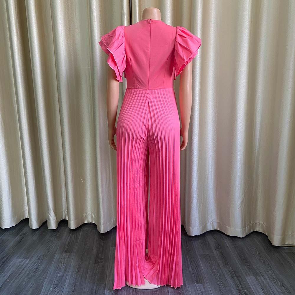 Summer Pleated Jumpsuits Rompers Women V Neck Ruffles High Waisted Loose Floor Length Luxury Female Party Romper