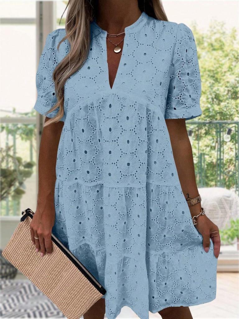 Women's Eyelet Lace Babydoll Dress Short Sleeve V Neck Flowy Summer Tunic Dress